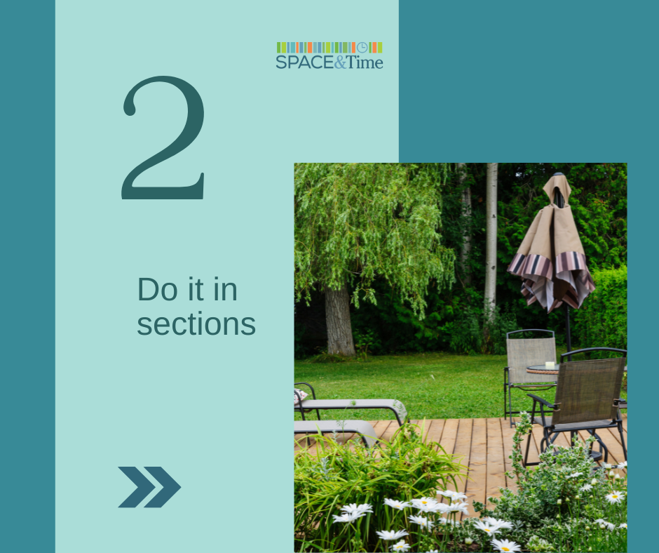 Do it in sections. This is a tip for cleaning your yard. You can't clean an entire yard at once. It's too big. Instead, give yourself room to breathe and tackle just one section at a time. Tackle it the same way you've tackled other tasks in your life when you wanted to finish quickly but didn't want to spend extra time. Cleaning the yard is a project like any other you'll encounter and should be treated as such with preparation, planning and a sense of accomplishment.