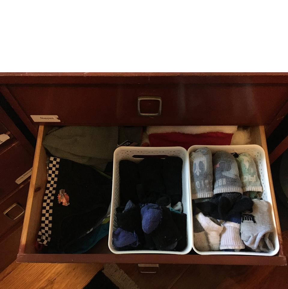 organise sock drawer with baskets